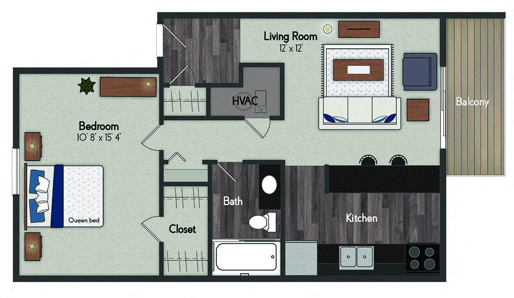 Floor plan for 1 bed, 1 bath, 616 sqft